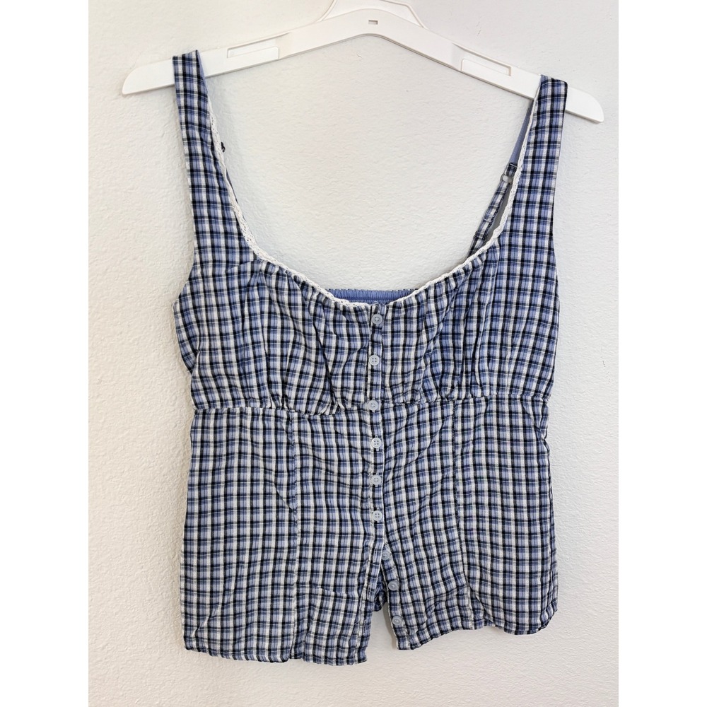 Hollister Blue White Plaid Smocked Back Button Front Cami Top Medium